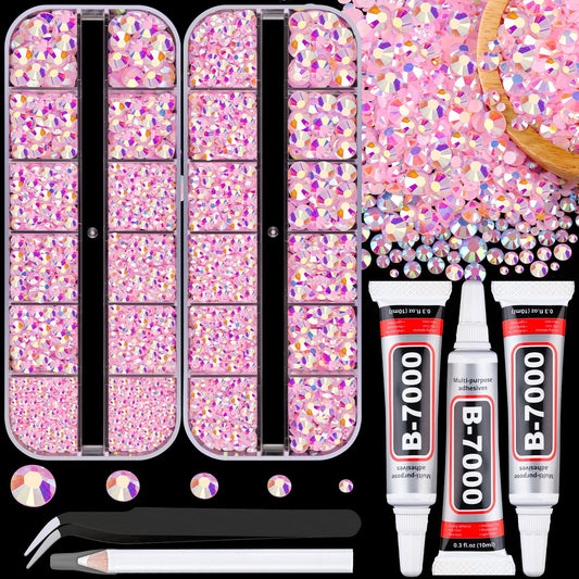 Resin Jelly Rhinestones for Crafting with B7000 Jewelry Glue, 2 Boxes Light Pink AB Flatback Crystals with 3Pcs 10ml Glue, Bedazzling Non Hotfix Gems for DIY Tumblers Clothing Shoes Manicure