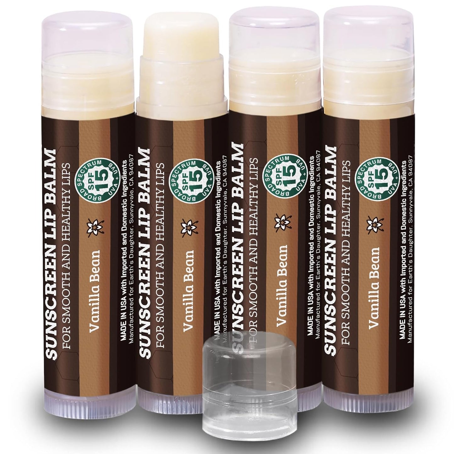 Earth's Daughter SPF Lip Balm 4-Pack - Lip Sunscreen, SPF 15, Organic Ingredients, Vanilla Flavor, Beeswax, Coconut Oil, Vitamin E - Hypoallergenic, Paraben Free, Gluten Free