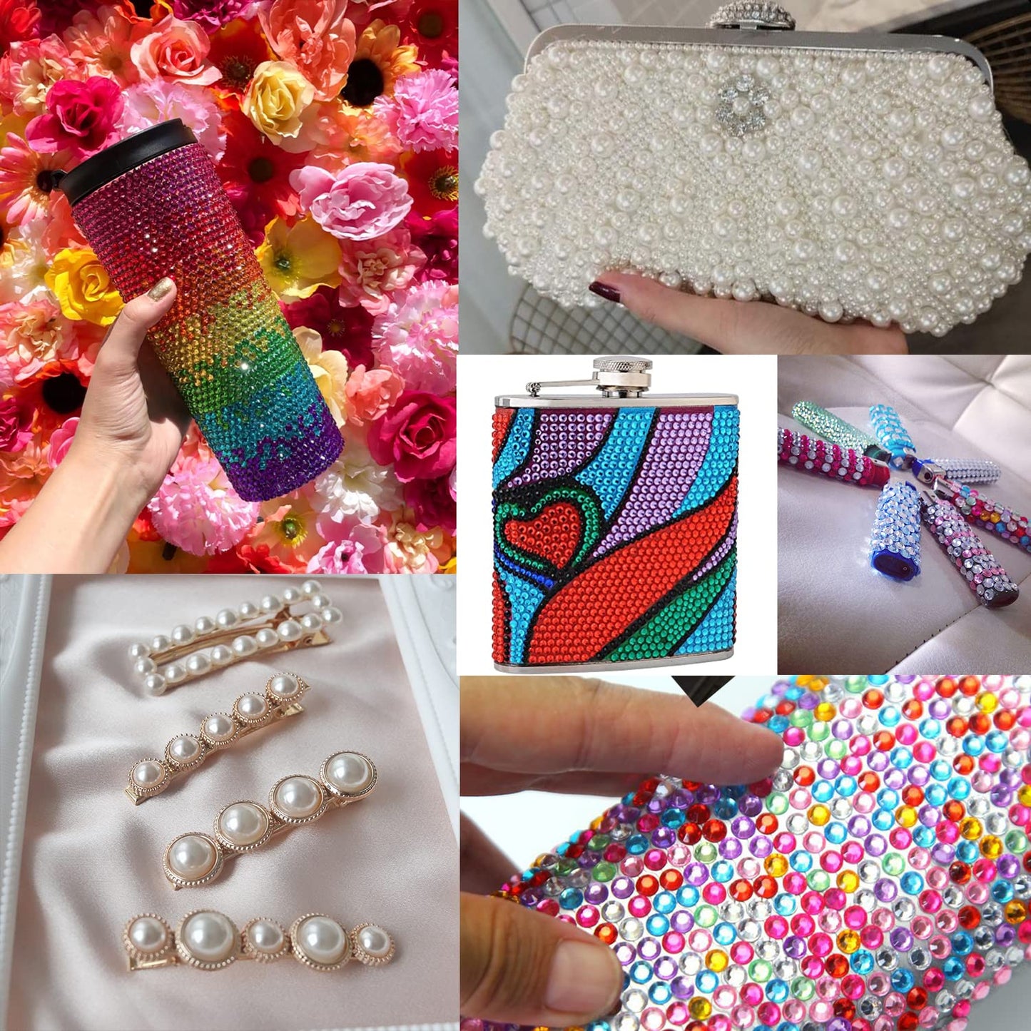 Flat Back Rhinestone+Half Round Pearl Kits Colorful Rhinestones+White Pearls with Picker Pencil and Tweezer for Home DIY and Professional Use