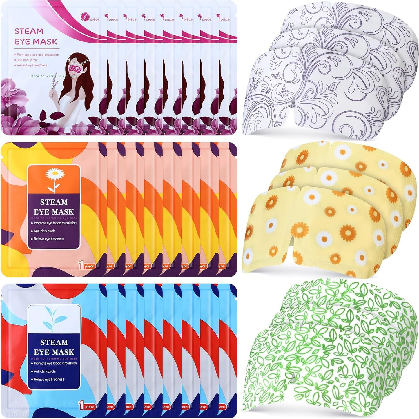 48 Packs Steam Eye Mask Disposable Self Heating Eye Mask for Dry Eyes Spa Warm Sleep Eye Mask for Home Office Travel Eyestrain Relieve (Unscented, Lavender, Chamomile)