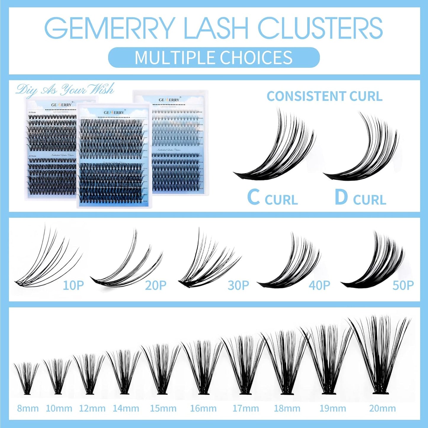 Individual Lashes Large Tray 240pcs Lash Clusters 0.07mm 40P+50P C Curl Mix 8-16mm Eyelash Clusters Soft&Lightweight Cluster Lashes Mink Lash Extension Clusters Mixed Tray Individual Lashes Cluster