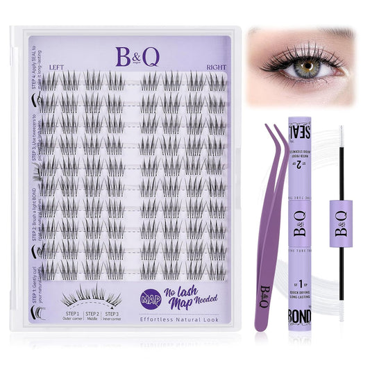 B&Qaugen Lash Clusters Kit Idol Lash Extension Kit No Lash Map Natural Lash Clusters with Invisible Band 11-13 mm Eyelash Extension Kit C Curl Lash Kit with Lash Bond and Seal(idol)