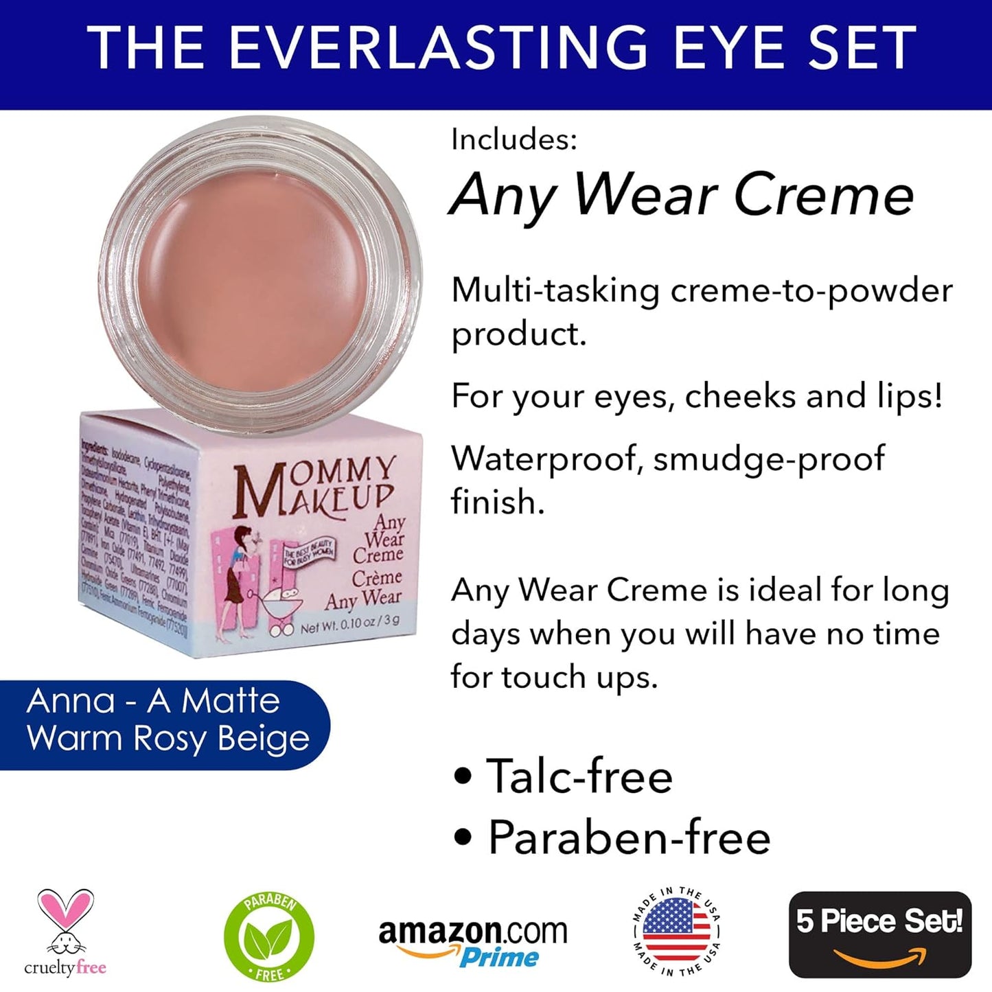 The Everlasting Eye 5 Piece Waterproof Makeup Set. Gel Eyeliner, Creme Eyeshadow, 2 brushes and Mesh Bag. Paraben-free, Talc-free, Cruelty-free. Anna/Chocolate Kiss 1202