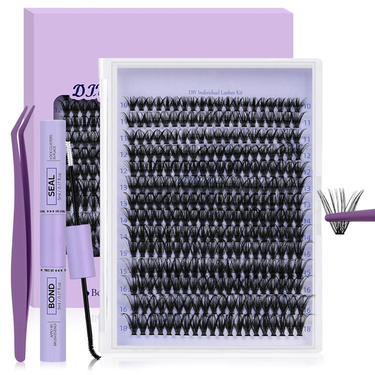 B&Qaugen Lash Extension Kit 280Pcs Volume Individual Lashes Kit Superfine Individual Eyelashes 10-18mm Soft D Curl Eyelash Clusters Kit with Bond and Seal Tweezers for Self Use （Kit-50D-10-18MIX）