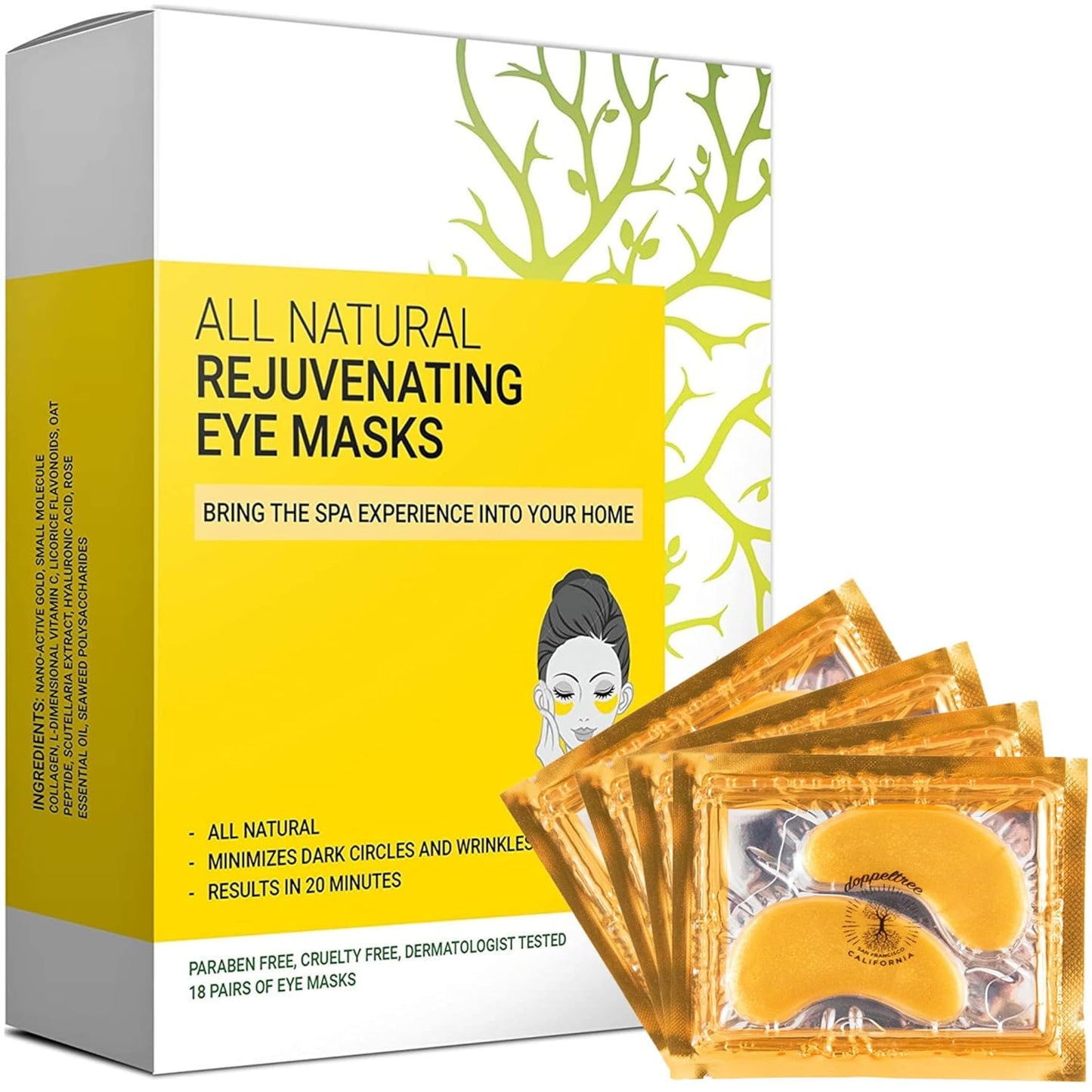 Under Eye Patches & Masks (18 Pairs) - All Natural Anti Aging Treatment for Bags, Puffiness, Wrinkles, & Dark Circles - 24K Gold, Collagen, Hyaluronic Acid, Hydrogel - Formulated in San Francisco