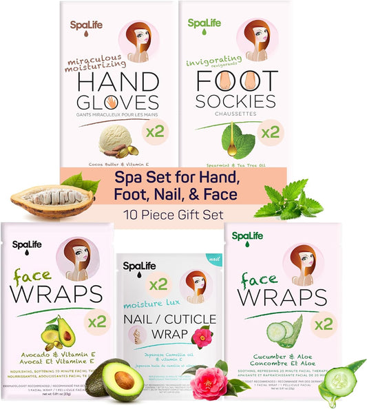 SpaLife Pink 10 Piece Spa Gift Set - Korean Skin Care Set with Travel Size Face, Hand, Foot & Nail Products - Skincare Bundle for Women