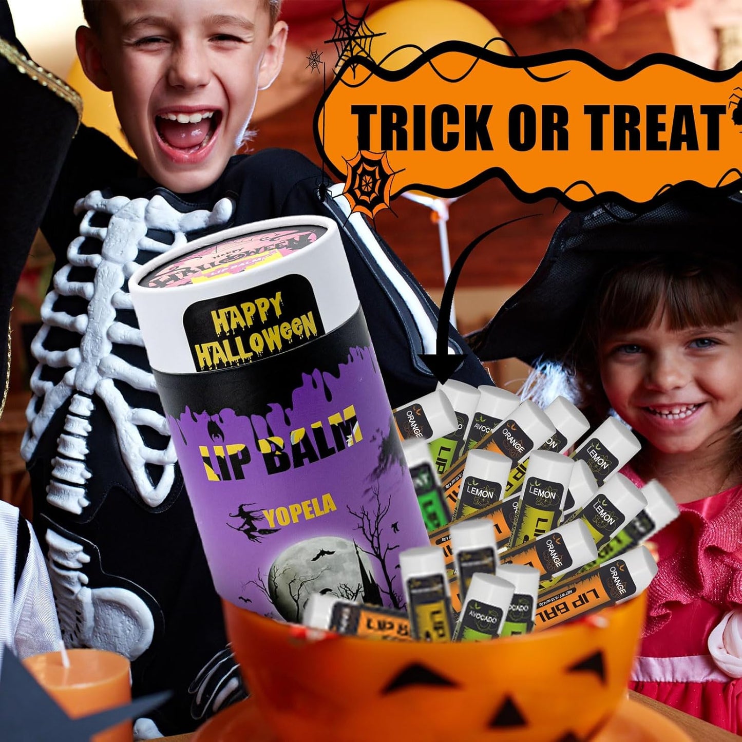 Yopela 76 Packs Halloween Lip Balm,18 Flavors Natural Chap Stick in Bulk, Moisturizing Stocking Dry Lips, Men Women Kids Party Gifts, Lip Care Product with Gift Card