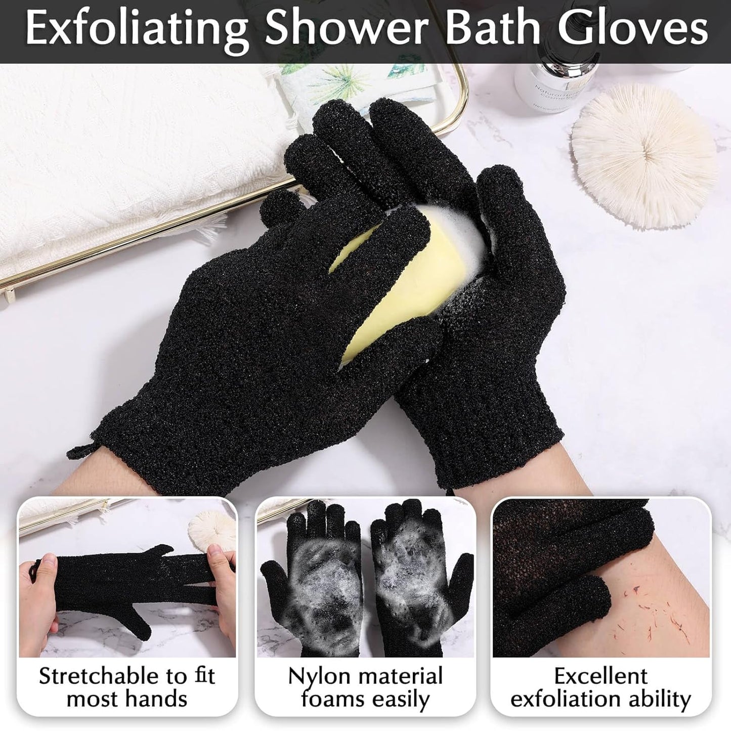 Anezus Exfoliating Back Scrubber Bath Gloves Set, Exfoliating Shower Towel with Shower Gloves for Body Scrub, Back Cleaner Wash Gloves to Remove Dead Skin (Black)