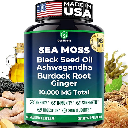 Sea Moss Black Seed Oil Ashwagandha Ginger - Advanced Irish Sea Moss Capsules All in One Supplement with Seamoss Black Seed Oil Ashwagandha Burdock Root Bladderwrack - Pills for Energy, Immune, Gut