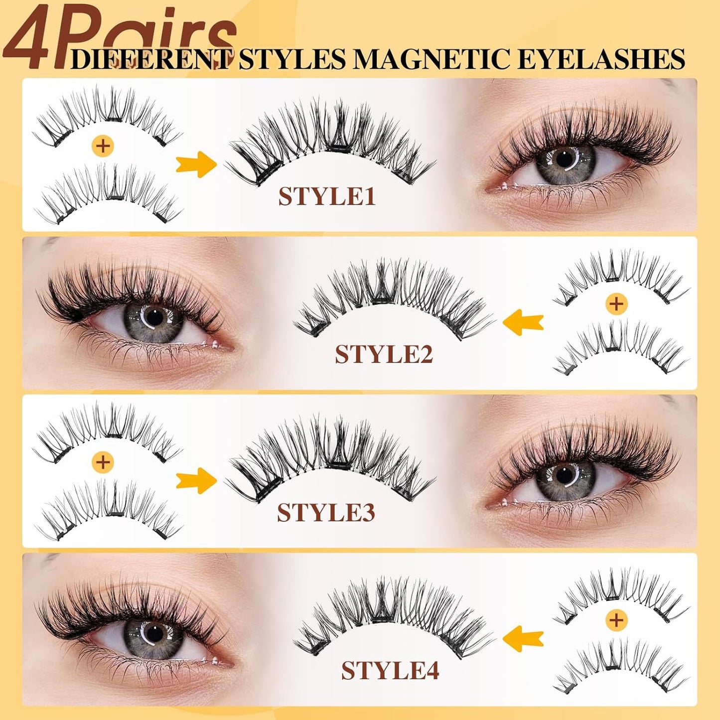 QUEWEL 4 Pairs Magnetic Eyelashes Natural Look, Reusable Magnetic Eyelashes with Applicator, No Glue Needed Lash Clusters Kit, Easy to Wear and Remove(4 Pairs-D)