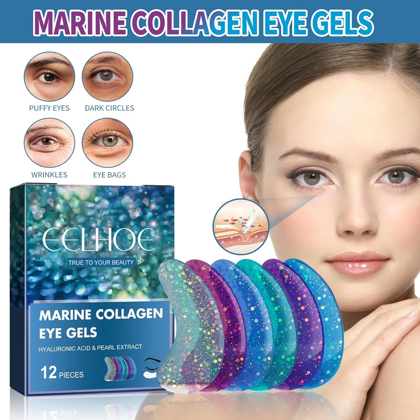 Anti-Aging Under Eye Patches Strong Adhesion Eye Patches for Puffy Eyes and Dark Circles Deep Hydration Eye Gel Pads with Marine Collagen Hyaluronic Acid and Pearl Extract,6 Pairs