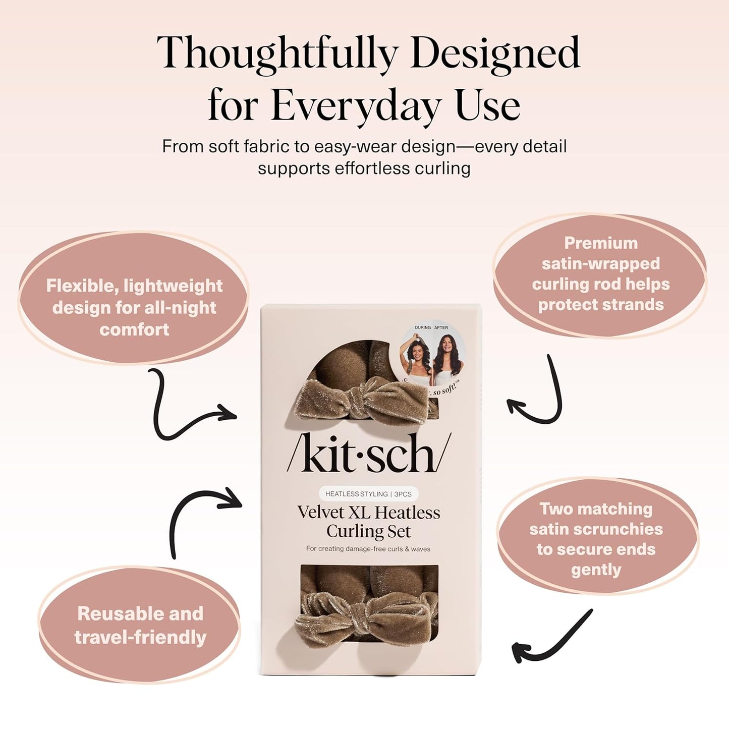 Kitsch Velvet XL Heatless Curling Set - Hair Curler for Heatless Curls Overnight - Flexi Rod & Hair Curlers to Sleep In, No Heat Damage Styling - With Two Velvet Bow Scrunchies - Eucalyptus