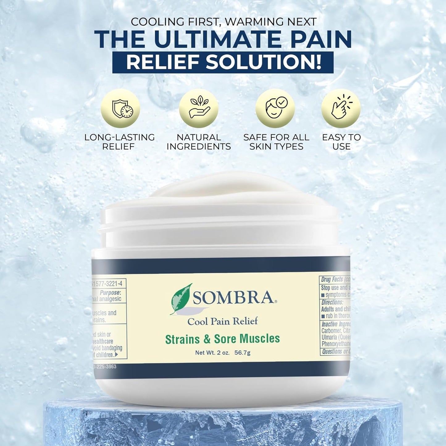 Sombra Cool Pain Relief Gel Cold Pain Relief for Swelling, Growing Pains, Soreness, Post-Workout, Vegan Formula Free of Artificial Fragrances, Dyes, NSAID, Wax, Petroleum, Alcohol - 2oz Jar (2 Pack)