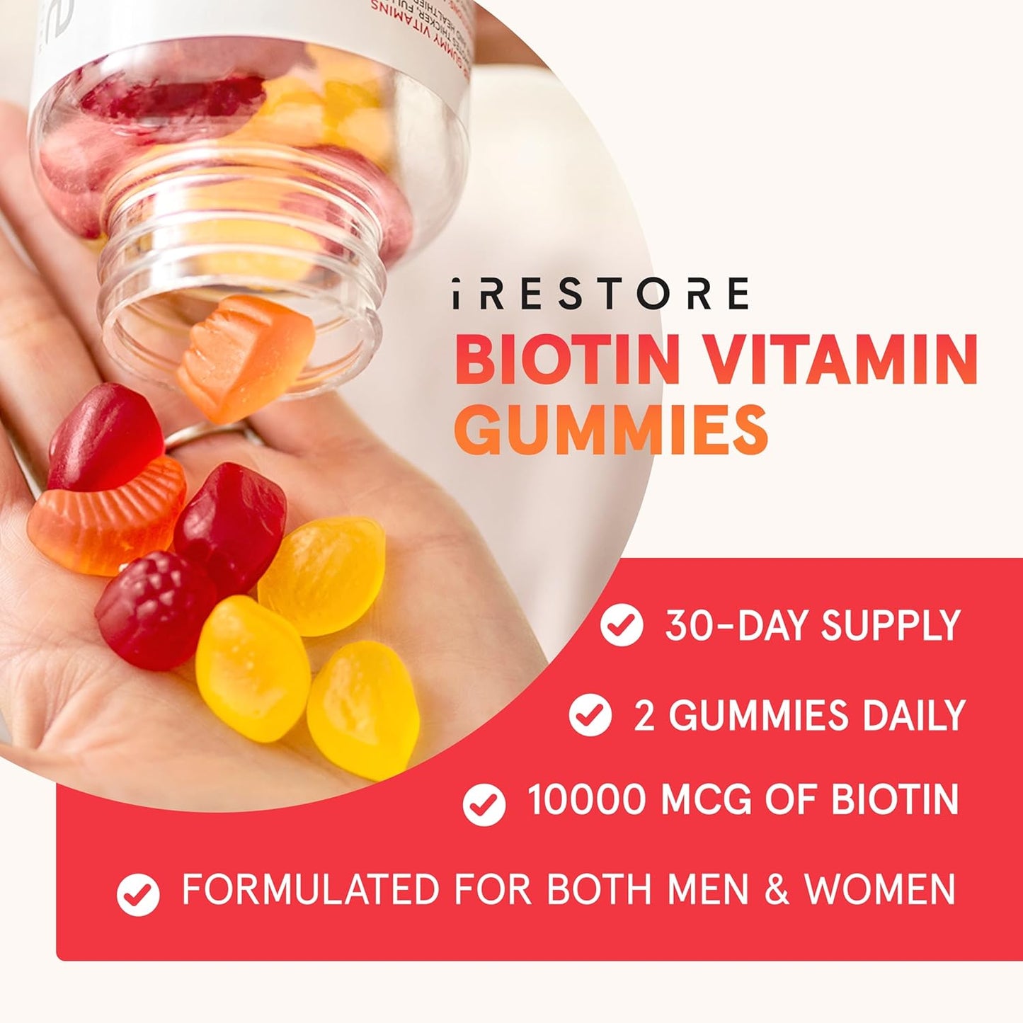 iRestore Hair Gummy Vitamins, Vegan Biotin Gummies for Hair Skin and Nails, Hair Growth Gummies for Women & Men, Biotin 10,000mcg, 3PK