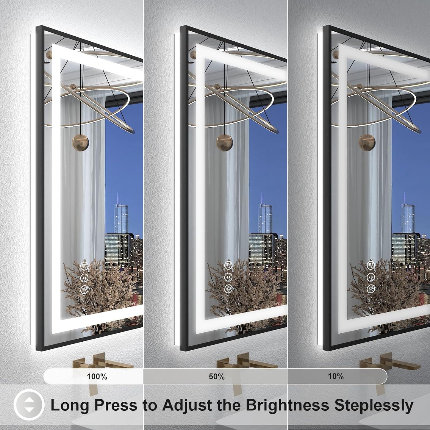 OKPAL 44x32 LED Bathroom Mirror, Lighted Bathroom Mirror with Black Frame, Lighted Vantiy Mirror for Bathroom, Defogger, Dimmable, Shatterproof, Memory, ETL Listed (Front Light and Backlit)