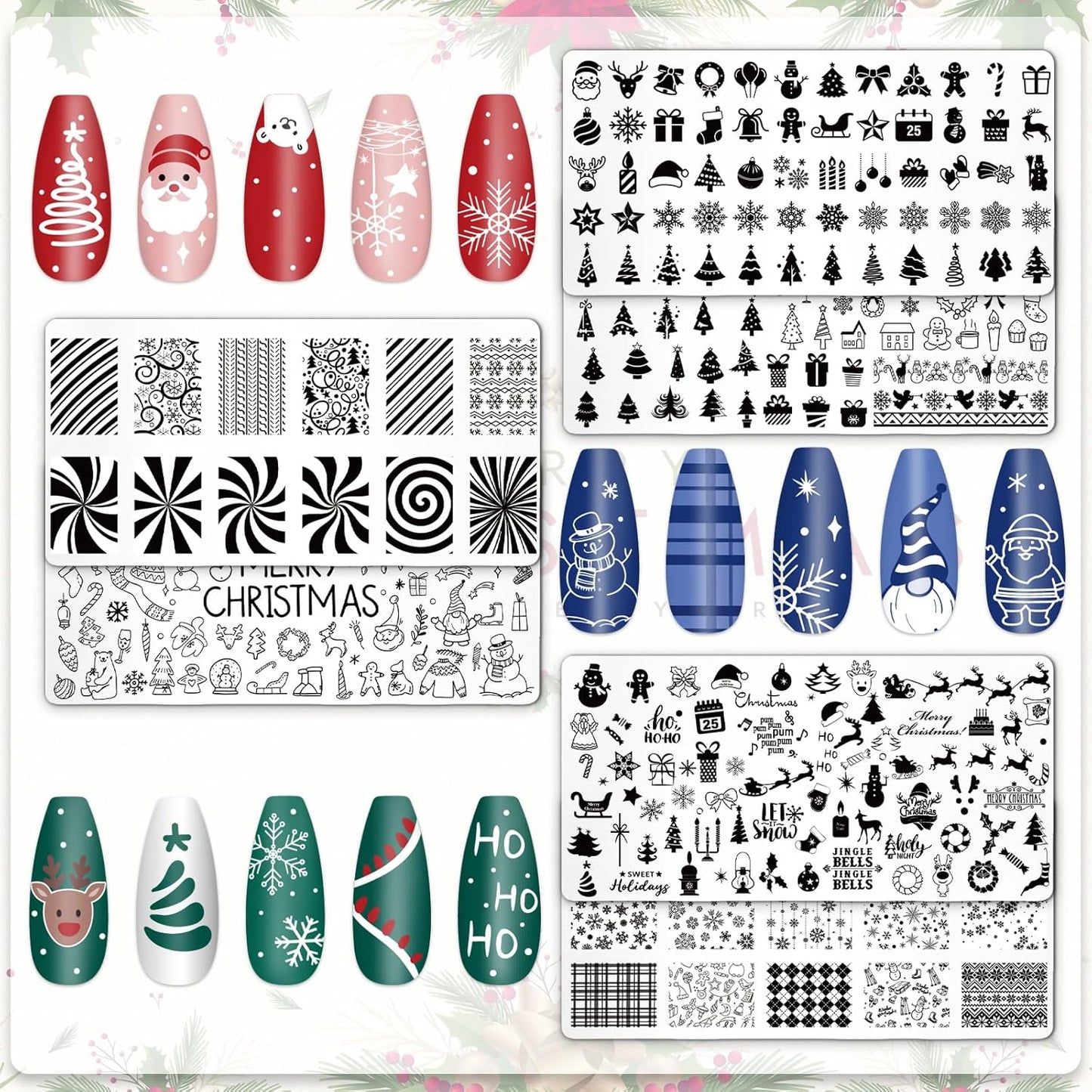 Whaline 6Pcs Christmas Nail Plates Stamping Set Xmas Tree Snowflake Snowman Stamp Templates Nail Art Plates for Winter DIY Print Manicure Salon Design Gift