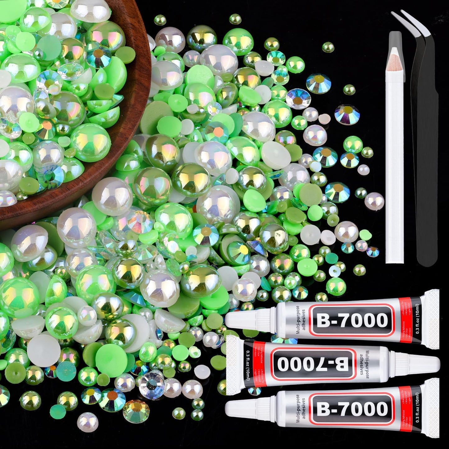 80g Flatback Pearls and Rhinestones for Crafting, Green 3-10mm Resin Rhinestones and Half Pearls for Bedazzling, Nail Art and Dec with 3pcs 10ml B7000 Jewelry Glue, Tweezer and Pickup Pencil