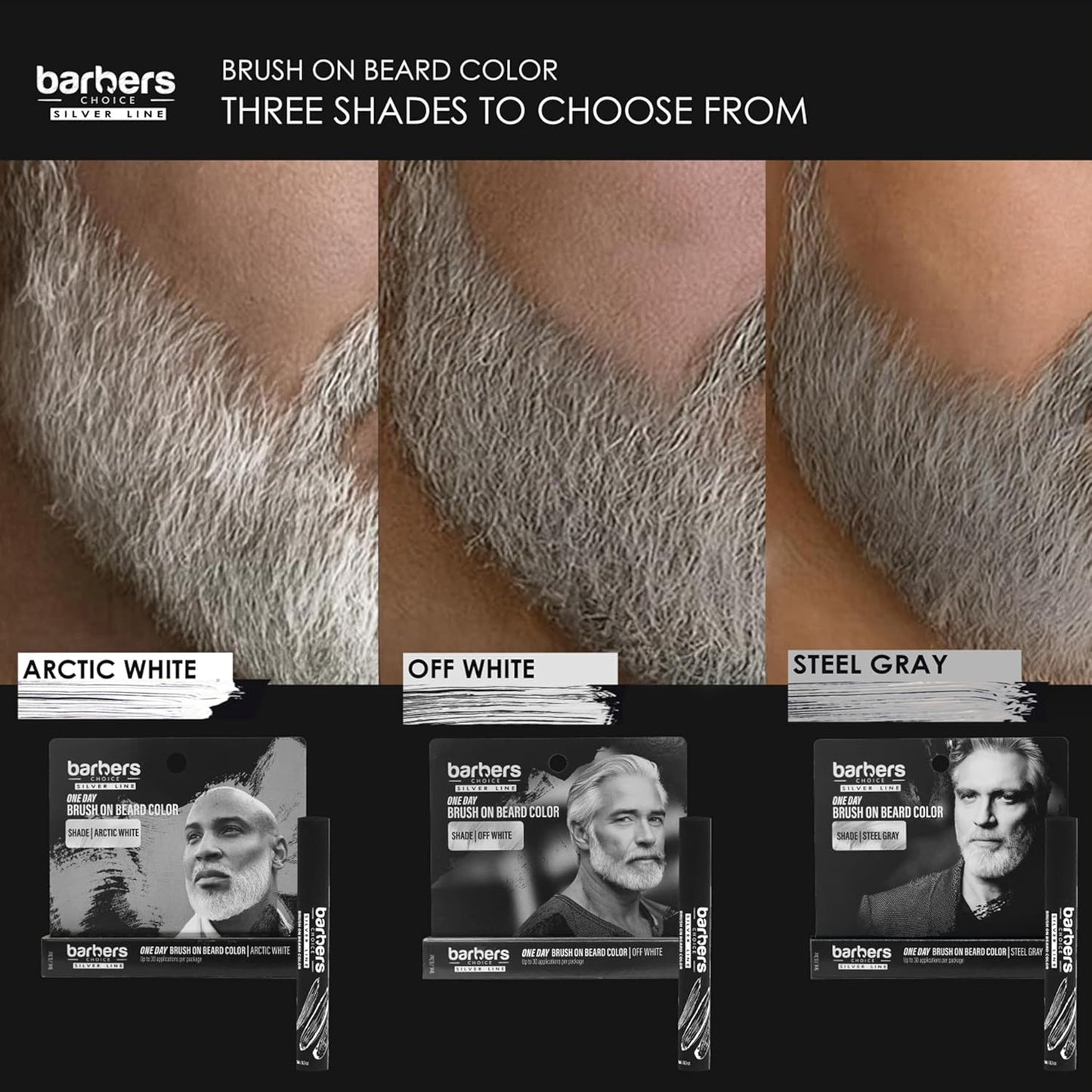 Barbers Choice Silver Line, Facial Hair Brush on Temporary Color for Silver Fox Men- Instantly Brighten White Beards, Mustache & Sideburns, Less Yellow, Easy Application, Steel Gray