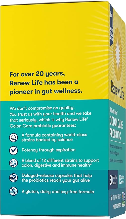 Renew Life Probiotic Colon Care Probiotic Capsules, Daily Supplement Offers Colon Support, L. Rhamnosus GG, Dairy, Soy and gluten-free, 80 Billion CFU, 60 Count