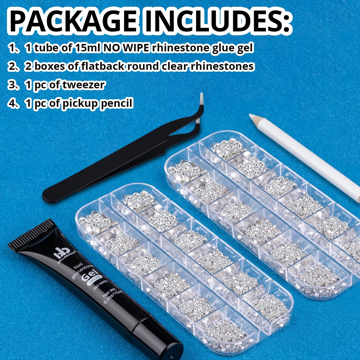Nail Art Rhinestone Glue Gel&2 Boxes Flatback Gems Kit, 1 Tube of 15ml Rhinestone Gel Glue(UV/LED Needed)+Round Glass Crystal Clear Gemstones with Pickup Tools