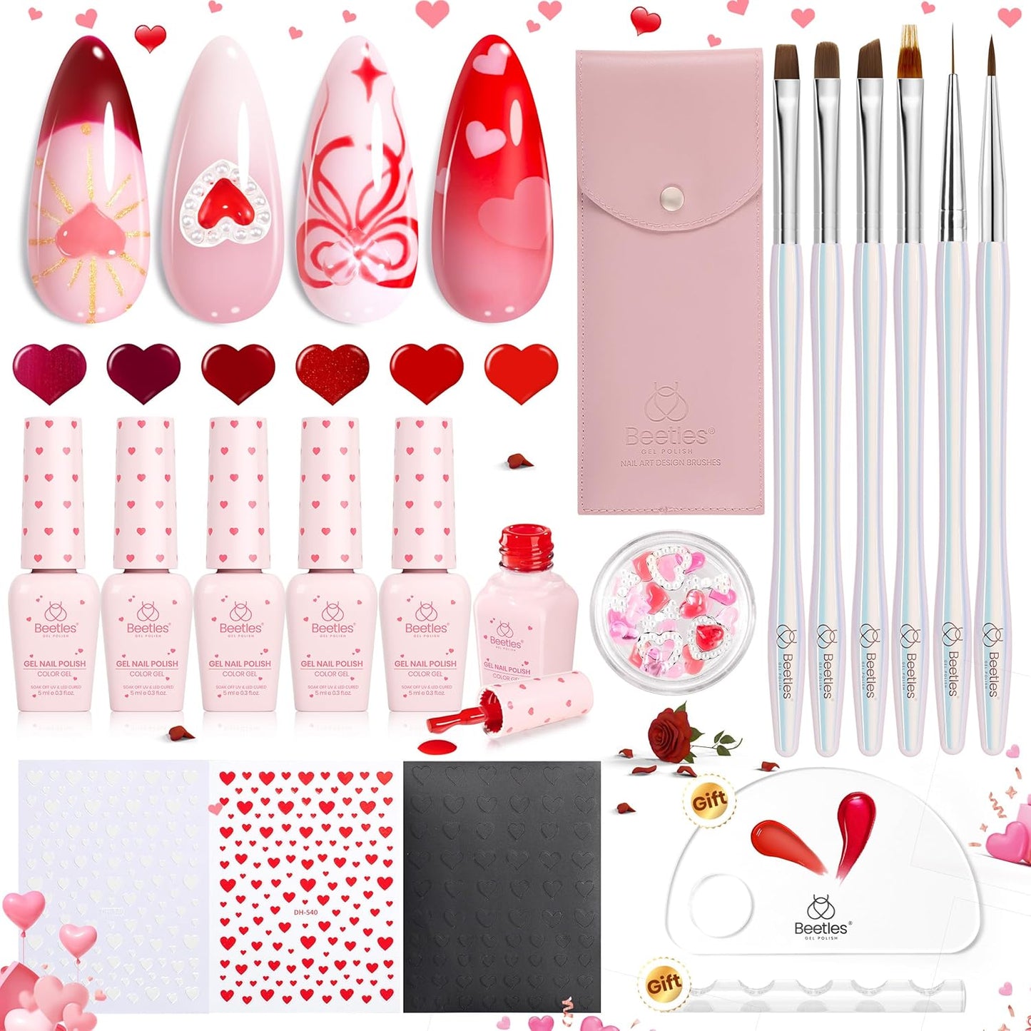 Beetles Red Gel Nail Polish & Nail Art Brushes Set-Heart Desire Multifunctional Nail Brushes Kit for Nail Art with Heart Nail Gems&Nail stickers Manicure Gift for Girls Women