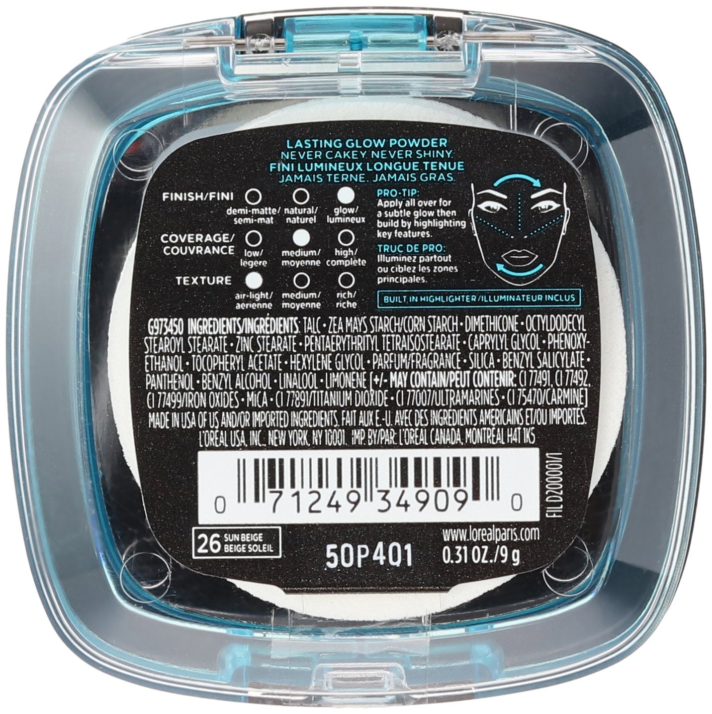 L'Oréal Paris Infallible Pro Glow Pressed Powder, Sun Beige, 0.31 oz.