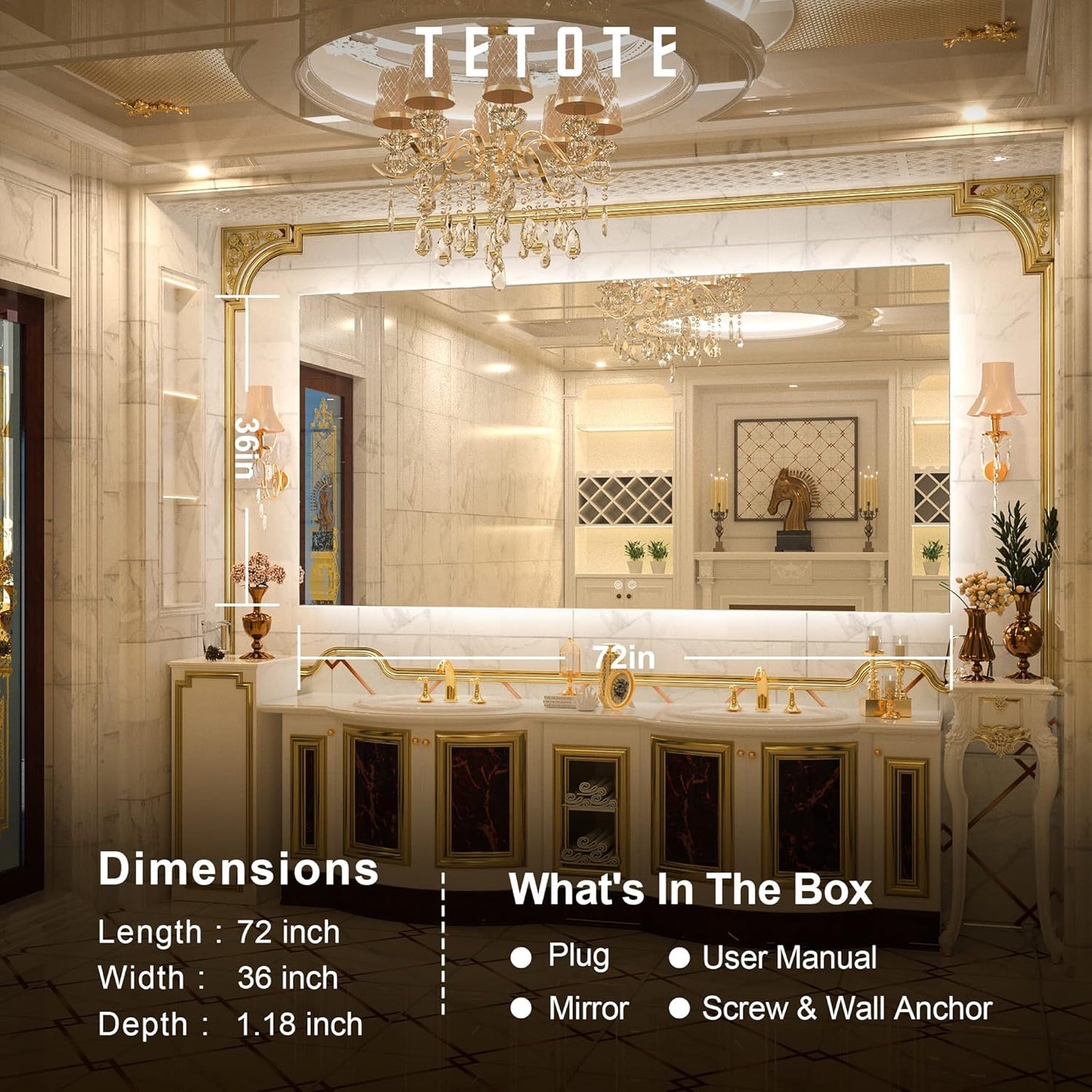 TETOTE 72 x 36 Inch LED Bathroom Mirror Backlit,AntiFog,Dimmable,CRI90+,Makeup,Vanity Mirror with Light,Lighted Mirror,Wall Mounted(Horizontal/Vertical)