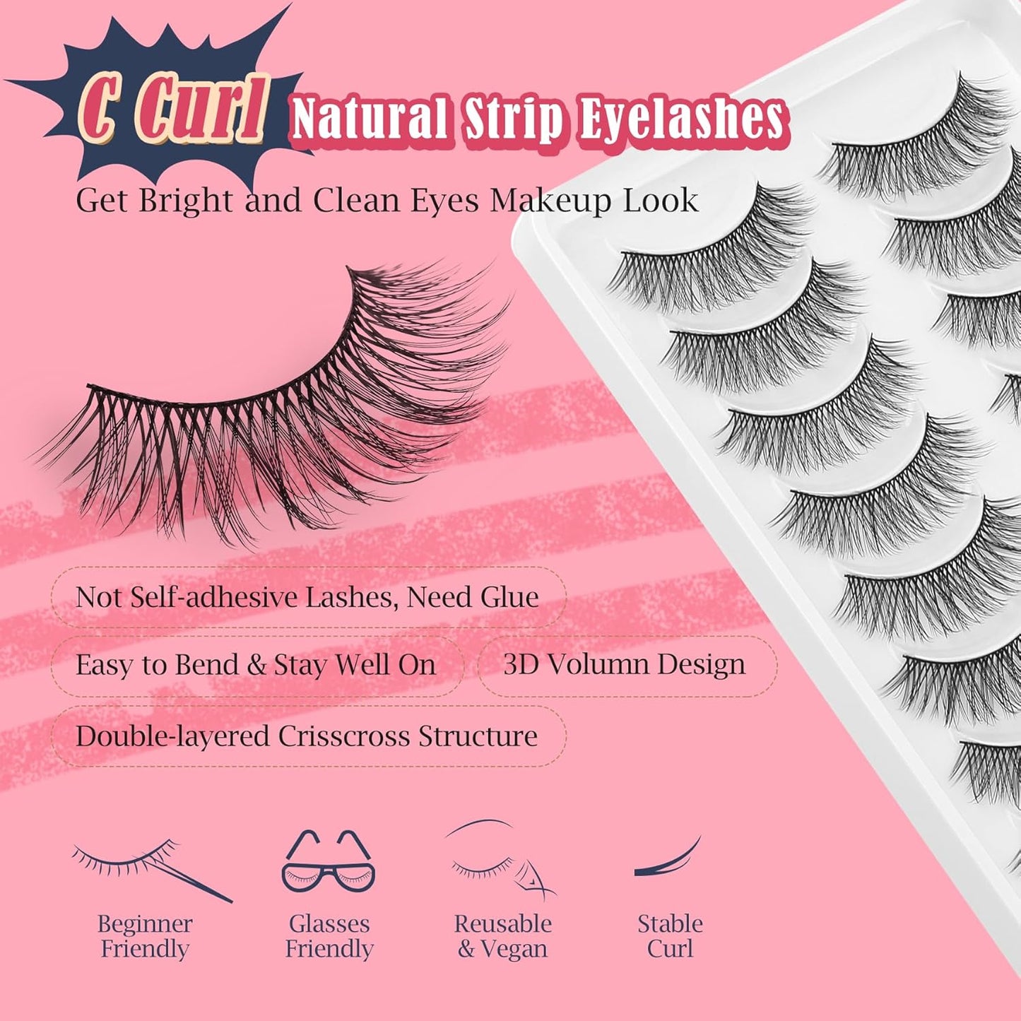 Natural Lashes Wispy False Eyelashes Short Lashes Soft Strip Lashes C Curl Eye Lashes Natural 10mm Short Eyelashes 10 Pair Eye Lashes Pack Siligli
