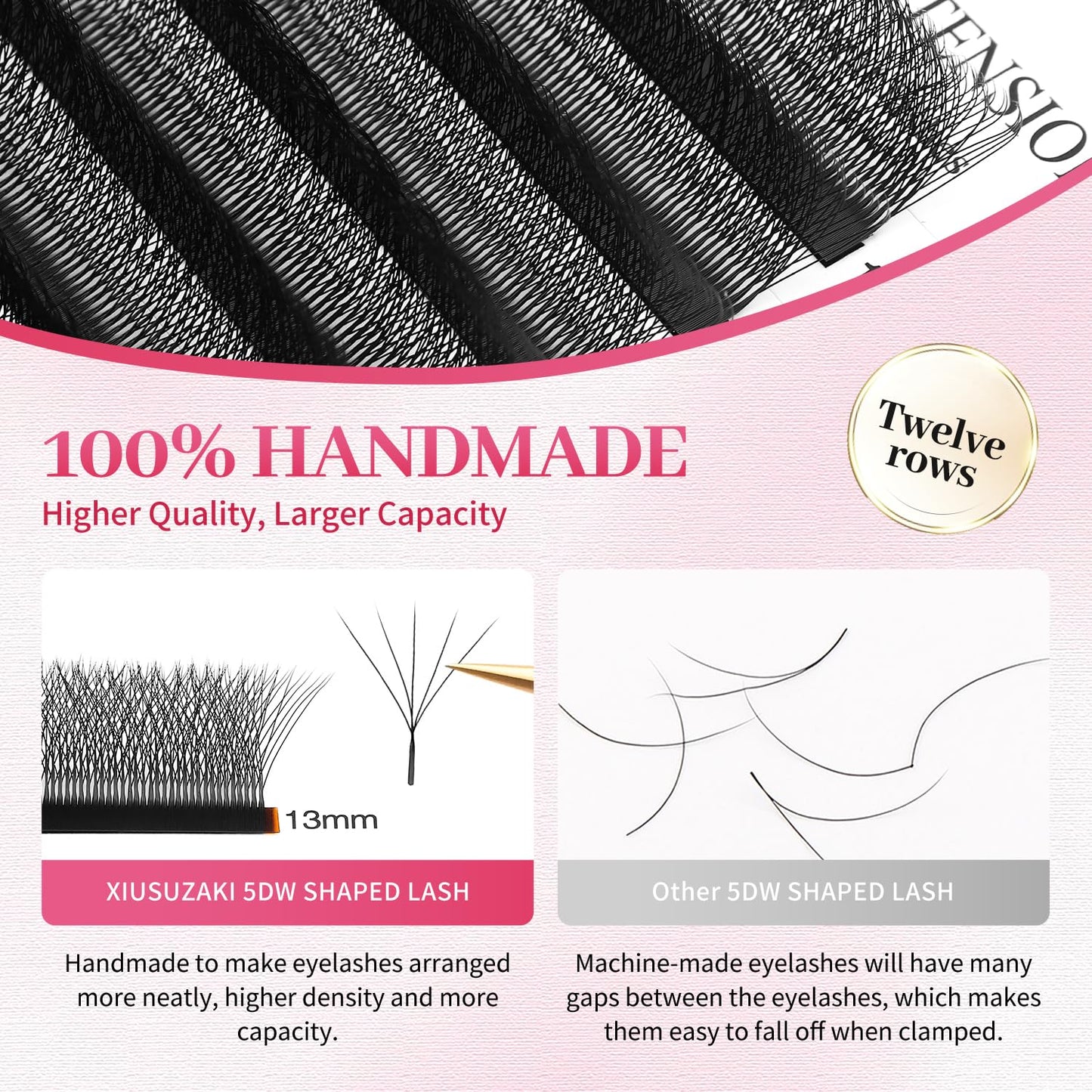 W Lash Extensions Supplies 5D Eyelash Extensions W Shape 0.07mm Thickness C Curl 13mm Premade Fans Easy Fan Lashes Volume Matte Black 12 Rows Crisscross Eye Lashes(W-5D-0.07-C,13mm)