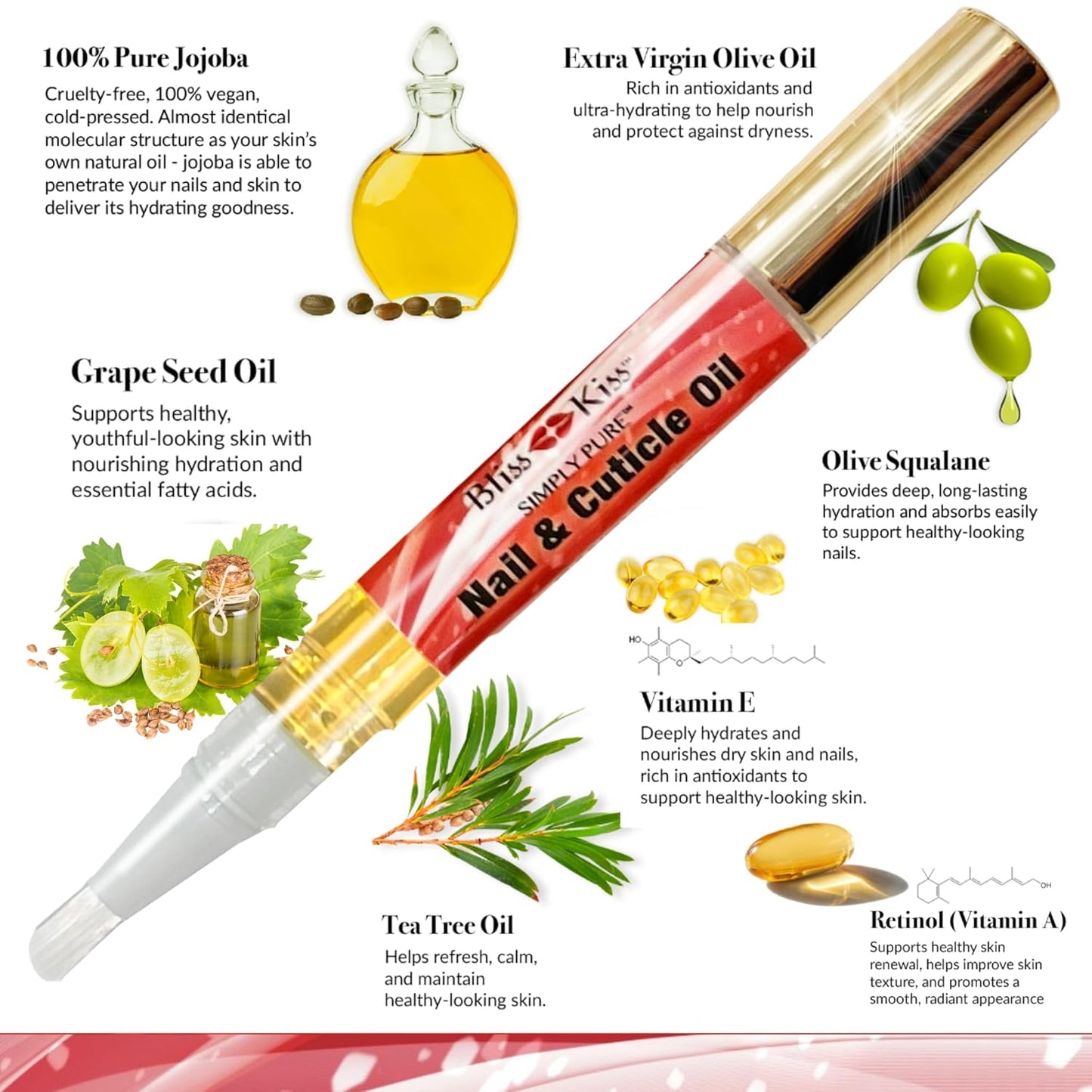 Bliss Kiss | 1 Candy Cane Fragrance | Nail Oil Cuticle Pen w/Vitamin E & Jojoba⏤Nail Strengthener Nail Growth Serum for Brittle Peeling Breaking Thin Nails