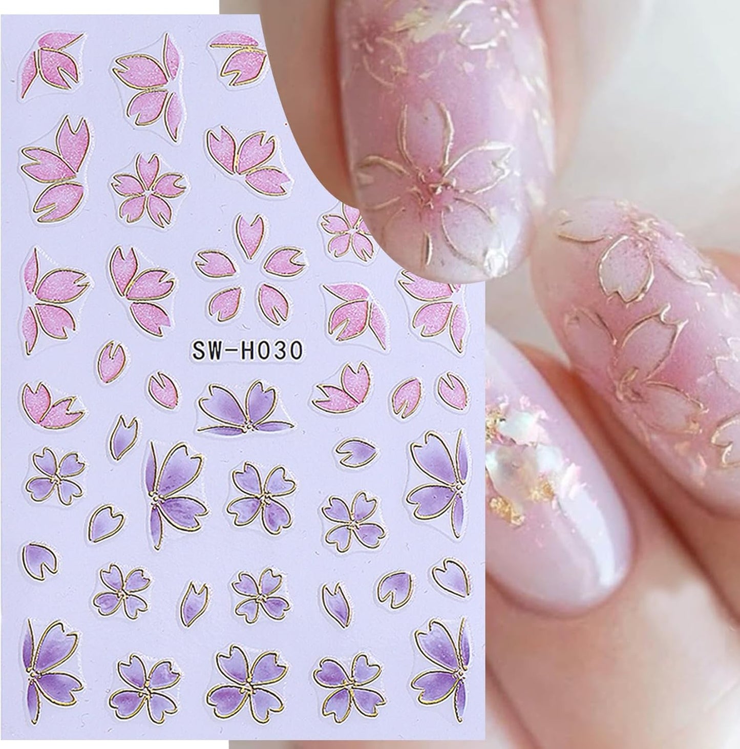 3D Flower Nail Art Stickers Decals Luxury Flower Petal Stickers with Tweezers 12 PCS Self Adhesive Pink Purple Blue Floral Gold Edge Decals Cherry Blossom Lily Summer DIY Manicure Nail Art Decoration