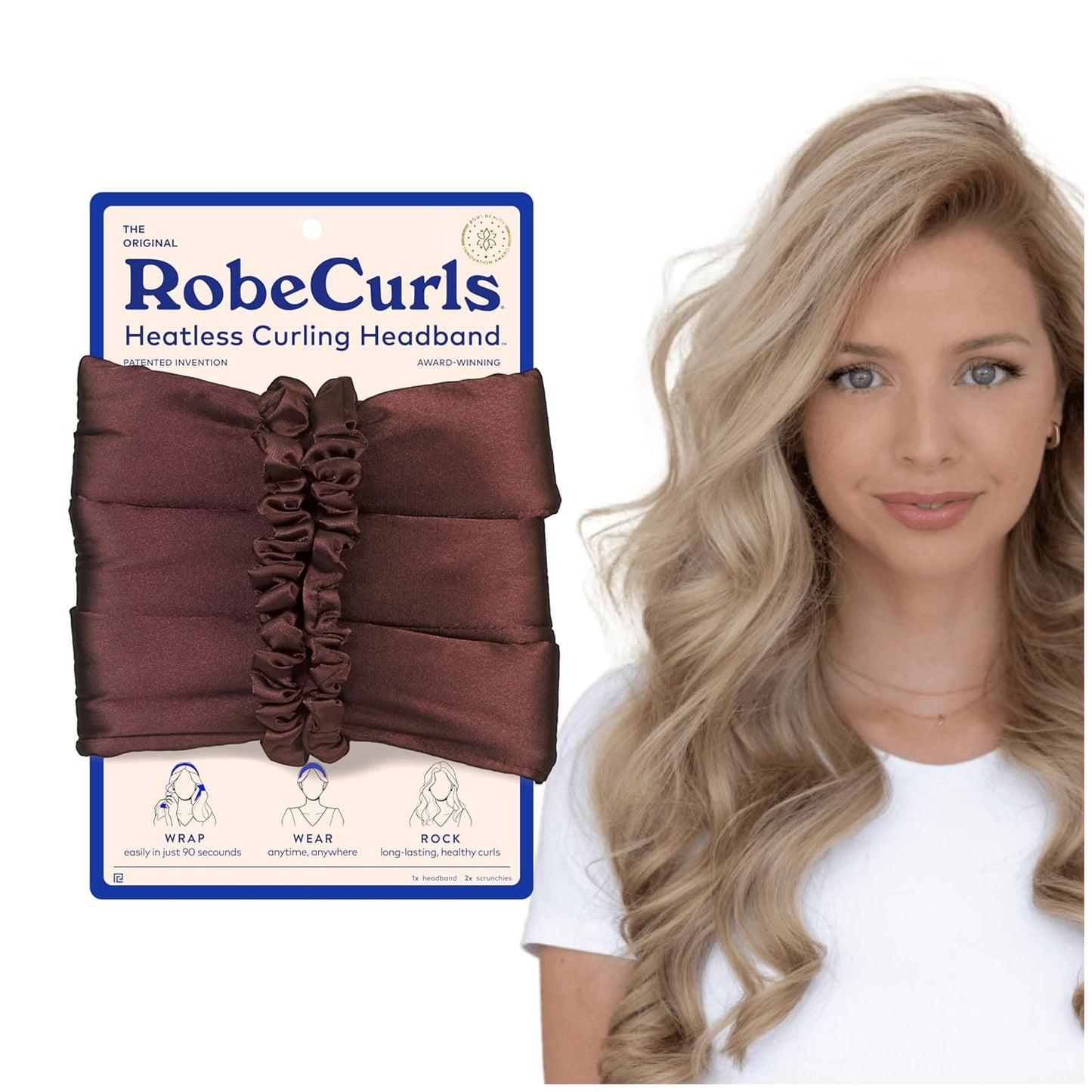 RobeCurls Heatless Hair Curler Set - Satin Curling Headband for Natural, No-Heat Curls - Sleep in Overnight Styling Tool with 2 Scrunchies - Easy & Gentle on Hair (Mocha)