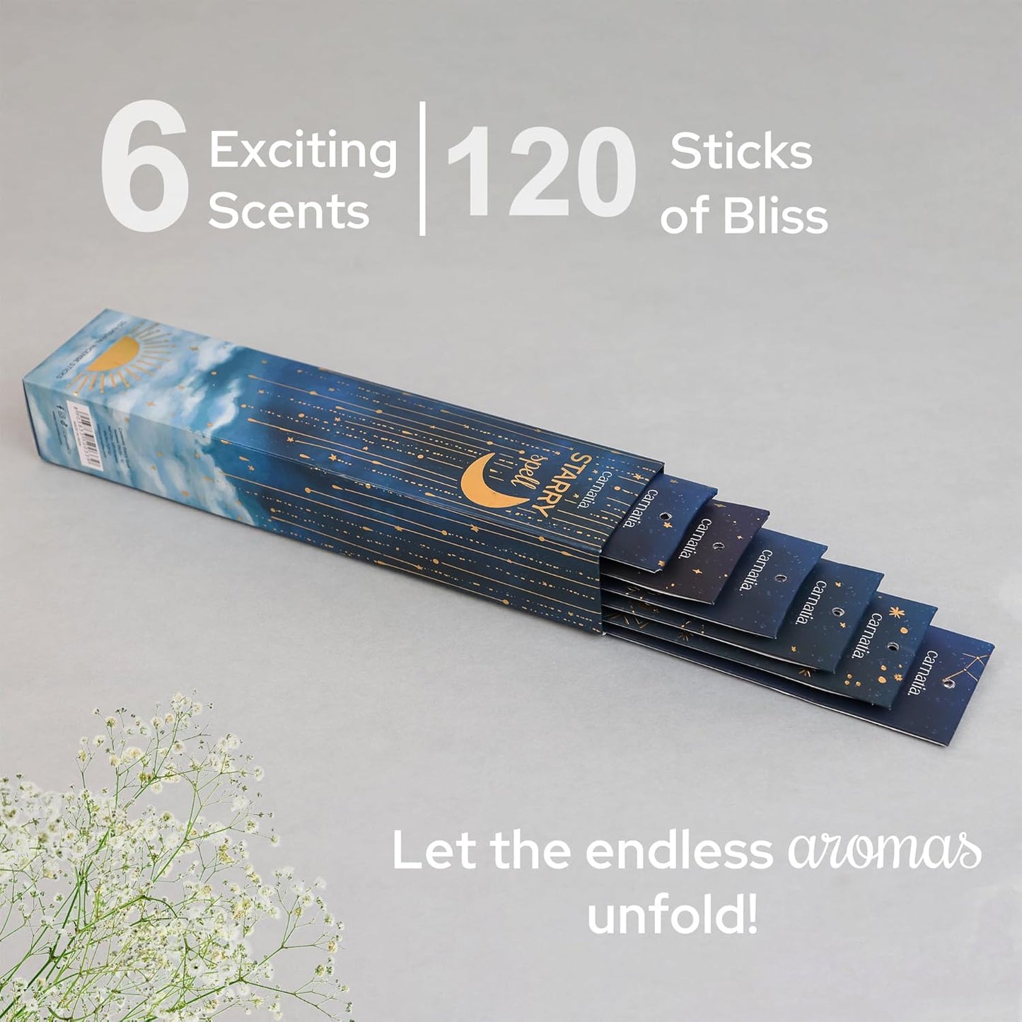 Carnatia Starry Spell Incense Sticks – Set of 6 Mystical Scents, 120 Premium Sticks for Creativity, Focus, Manifestation & Meditation | Natural, Slow-Burning for Spiritual Rituals & Self-Care!