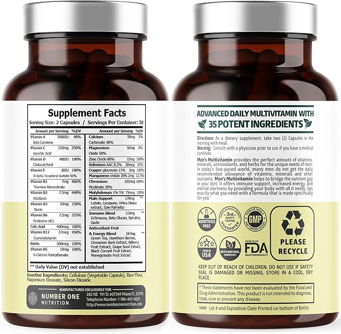 Number One Nutrition Premium Men's Daily Multivitamin Multimineral Supplement [Gluten Free, Non-GMO], Vitamins A C E D B1 B2 B3 B5 B6 B12, Magnesium, Biotin, Sprulina, and Zinc, 60 Veg Caps