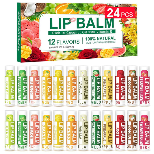 DMSKY Natural Lip Balm Bulk 24 Pack, Moisturizing Lip Balm with Vitamin E and Coconut Oil, Lip Care Product for Chapped Lips-12 Flavors