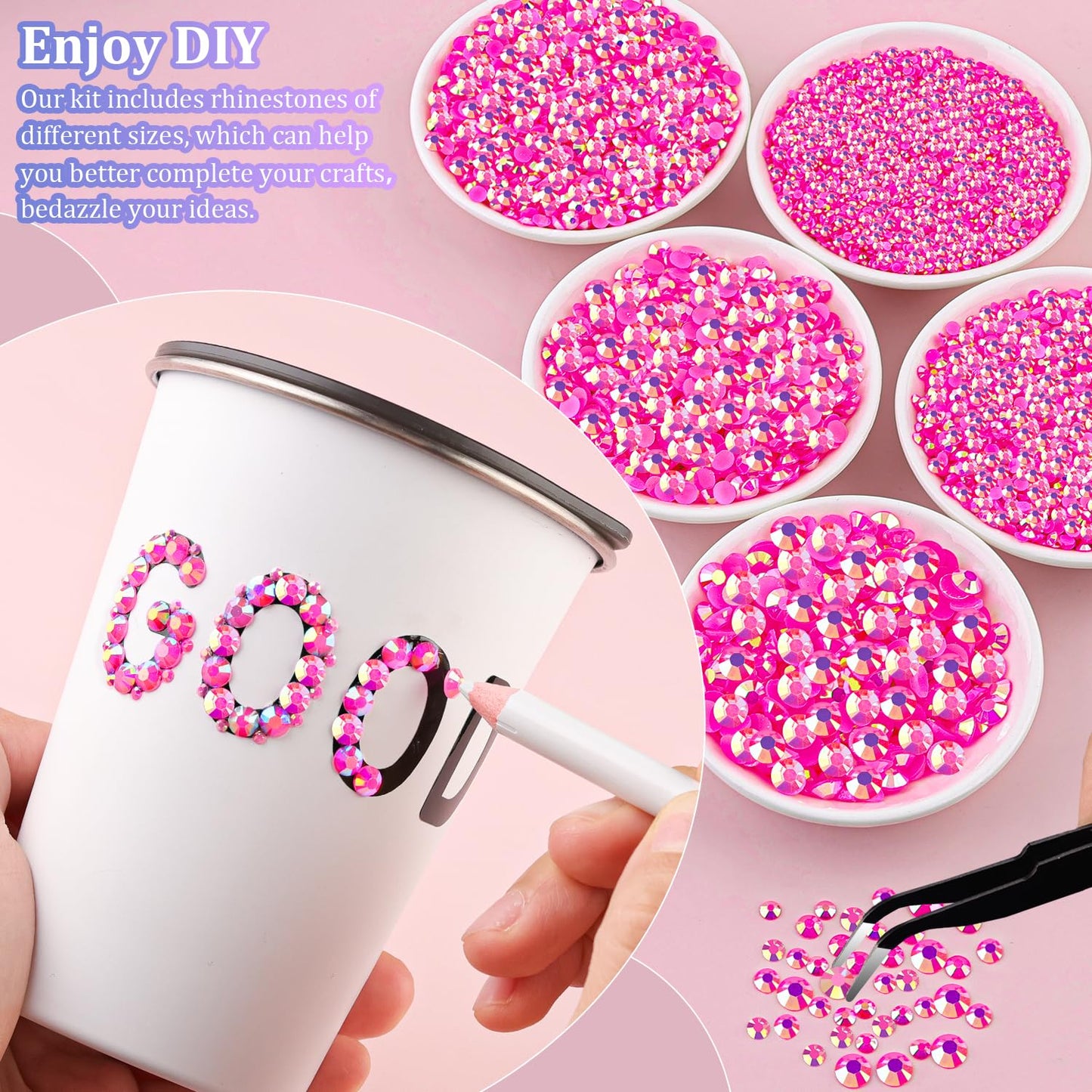 25000Pcs Resin Jelly Rhinestones with Tweezers for Crafting, Hot Pink AB Flatback Gems, Bedazzling Crystal with 3Pcs 10ml B7000 Jewelry Glue for DIY Crafts Clothing Tumblers Shoes Fabric Nail Art
