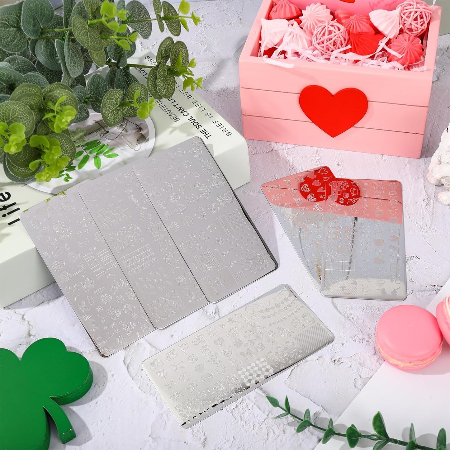 Whaline 6Pcs Valentine's Day St. Patrick's Day Easter Nail Plates Stamping Set Heart Shamrock Egg Stamp Templates Nail Art Plates for DIY Print Manicure Salon Design