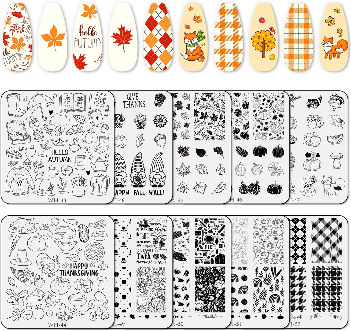 Whaline 10 Sheet Fall Nail Art Stamping Plates Kit Happy Thanksgiving Pumpkins Maple Leaf Gnome Plaid Autumn Blessings Collection Nail Art Plate for Autumn Thanksgiving Nail Art Design DIY Print