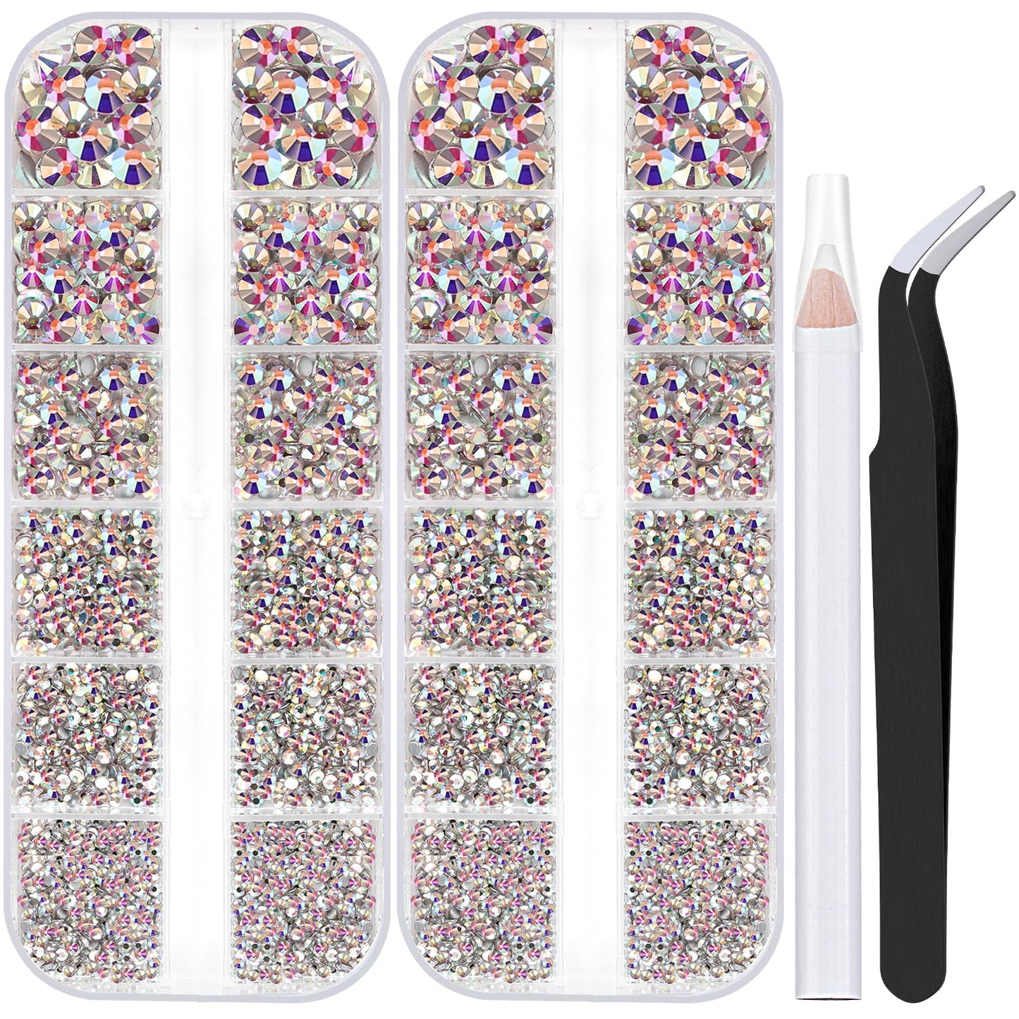 Two Packs of Flatback Rhinestones 4000 Pcs Nail Art Rhinestones Flatback Crystal AB Rhinestone with Picker Pencil and Tweezer for Nail Art and Decoration