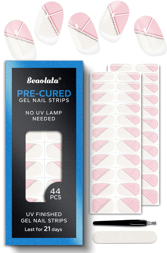Pre Cured Gel Nail Strips - 44PCS Salon Quality Gel Nail Stickers - Long Lasting Polish Wraps for Women no UV Light Needed Easy Apply& Remove (Bridal White)