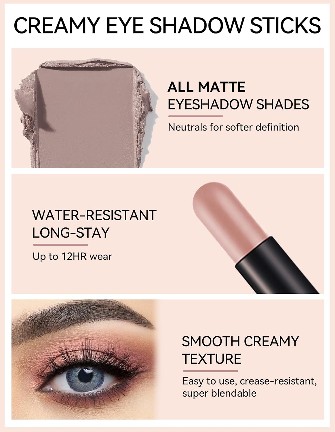 Erinde Waterproof Cream Eyeshadow Stick, Matte Nude Eye Shadow Sticks, Longwear Blendable High Pigmented, Neutral Eye Shadow Sticks Matte for Older Eyes, Smokey Eyeshadow Pencil Crayon, 11 Rose Nude