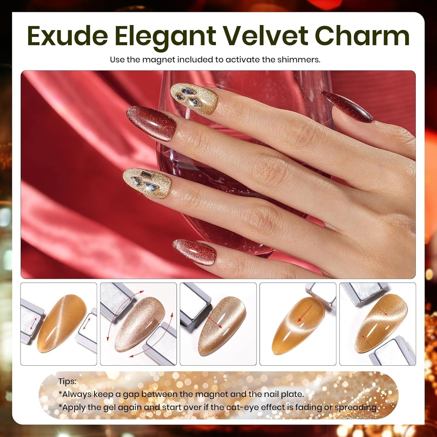 Beetles Cat Eye Gel Nail Polish Set - 6 Colors Glitter Burgundy Red Silver Blue Purple Green Gold Magnetic Cat Eye Gel Polish Holographic Effect Velvet Nail Art Salon DIY Home Gift for Women