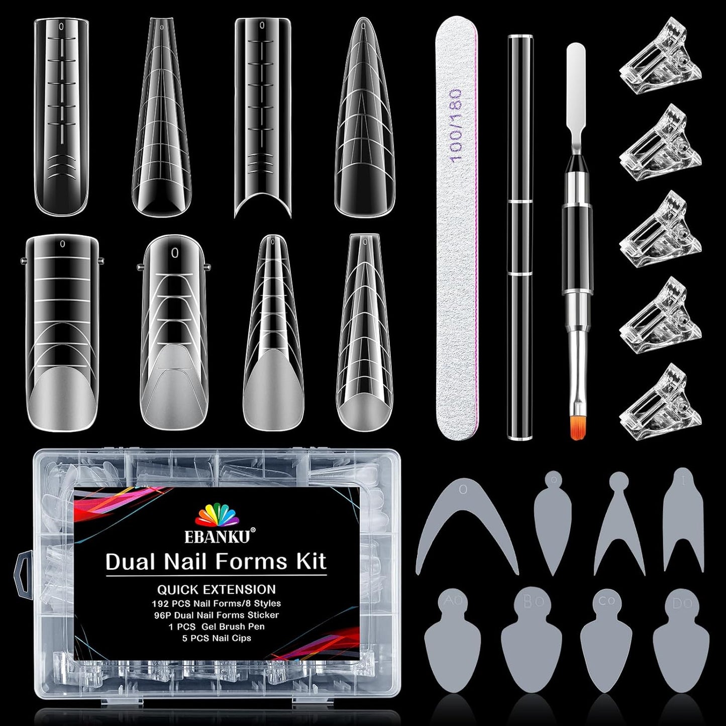 EBANKU Dual Form Kit, 288PCS Poly Gel Forms for French Nails, 8 Styles Reusable Silicone Pads, 5PCS Clips, Brush Pen, Files Buffer, Extension Kit for Beginner