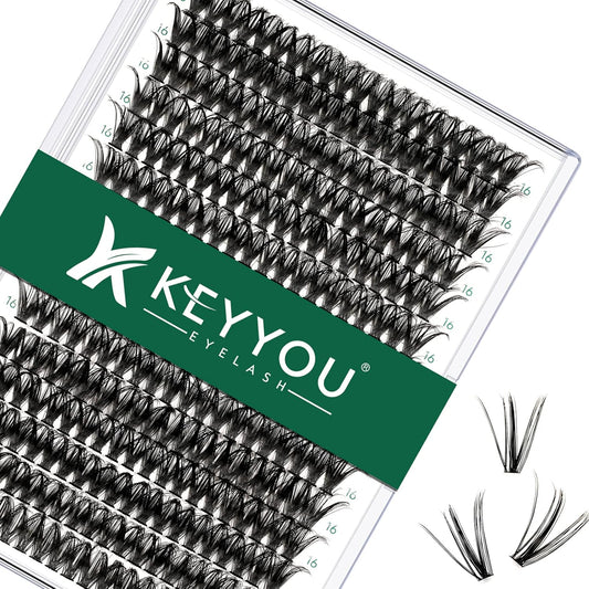 Lash Clusters 300pcs Individual Lashes 50D 0.07D Curl 16mm DIY Eyelash Extension KEYYOU Large Tray Volume Soft&Natural Cluster Lashes(50D-0.07D,16）