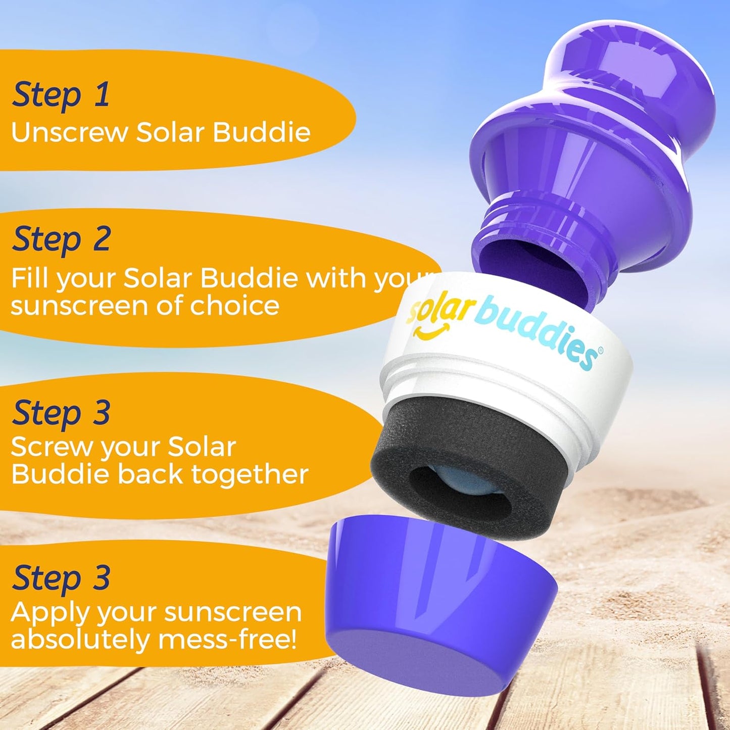 Solar Buddies Bag Bundle & Carabina Clip - Full Purple - Refillable Roll on Sponge Sunscreen, Suncream & Lotion Applicator For Kids, Adults & Families - Holds 3.4fl oz, Perfect Size for Travel