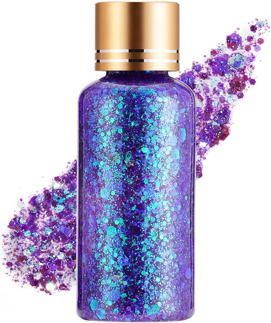 Gemstone Purple Face Body Glitter Gel Maekup for Women and Kids, Longwear Shimmer Holographic Mermaid Sequin Hair Glitter Gel for Singer Concert Music Festival Rave Accessories, 1oz