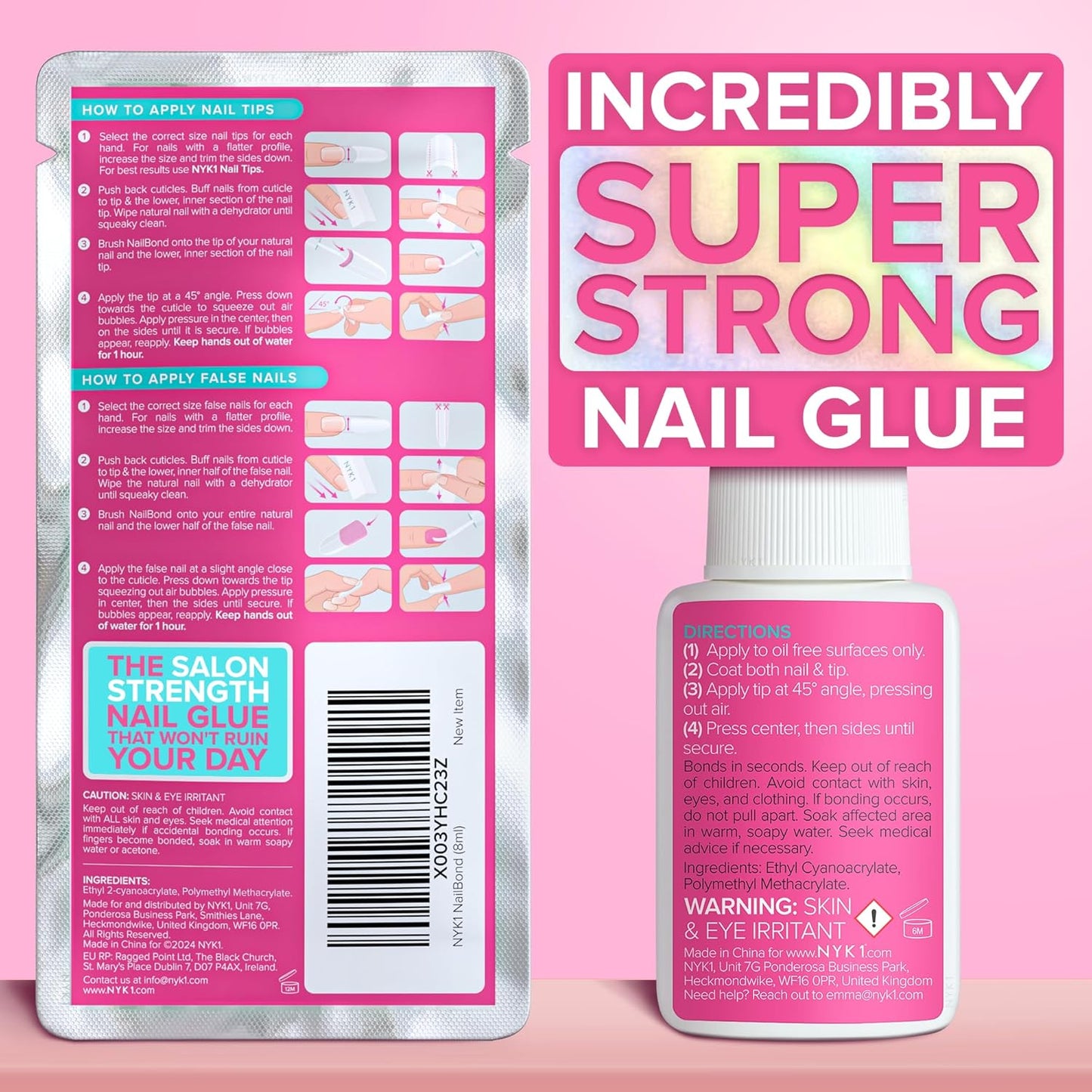 Super Strong Nail Glue for Press On Nails, Nail Tips & Acrylic Fake Nails (8ml) NYK1 NailBond Brush On Glue for Press Ons, Tips & Acrylics - Long Lasting, Maximum Strength, Mess-Free Application