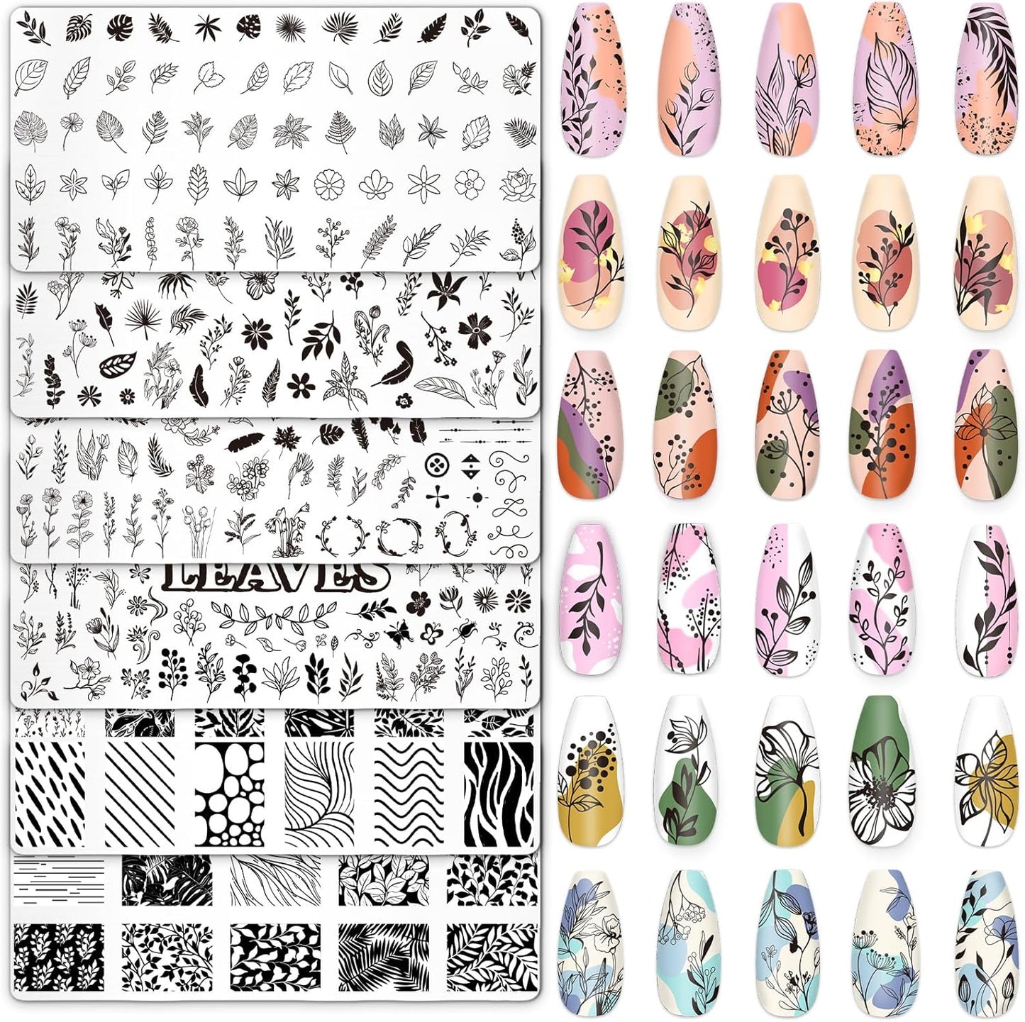 Whaline 6Pcs Spring Floral Leaves Nail Plates Stamping Set Plant Leaves Stamp Templates Nail Art Plates for DIY Print Manicure Salon Design