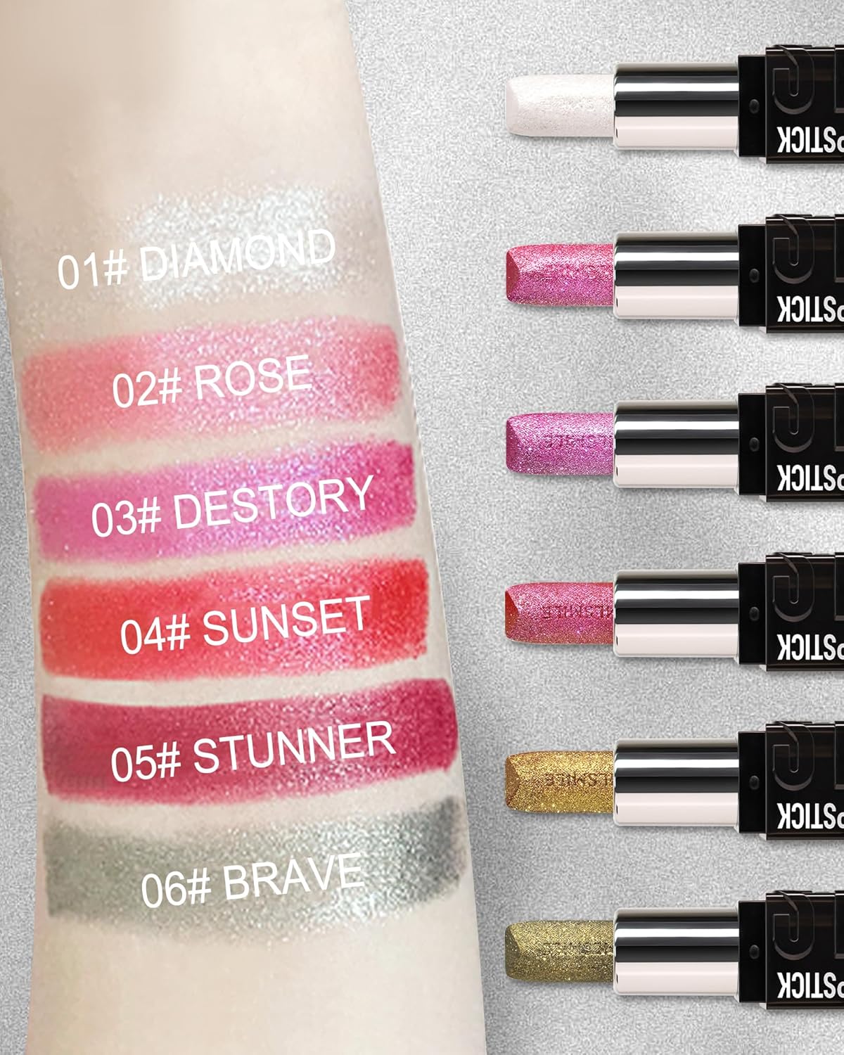 Diamond Glitter Matte Lipstick, Long Lasting Waterproof Rose Pink Metallic Sparkling High Pigment Non-Stick Lip Tint Lip Gloss,Full-coverage Lipgloss, Mother's Day Lip Makeup Gift for Women Girl-03