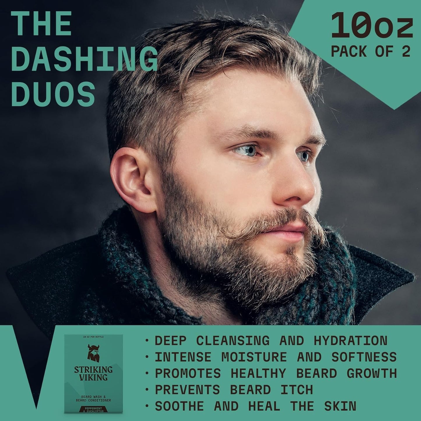 Striking Viking Beard Wash and Conditioner - 10 Fl Oz per Bottle, Peppermint & Eucalyptus - Paraben & Sulfate Free, with Jojoba Oil - Deep Clean Beard Shampoo & Conditioner - All Facial Hair Types